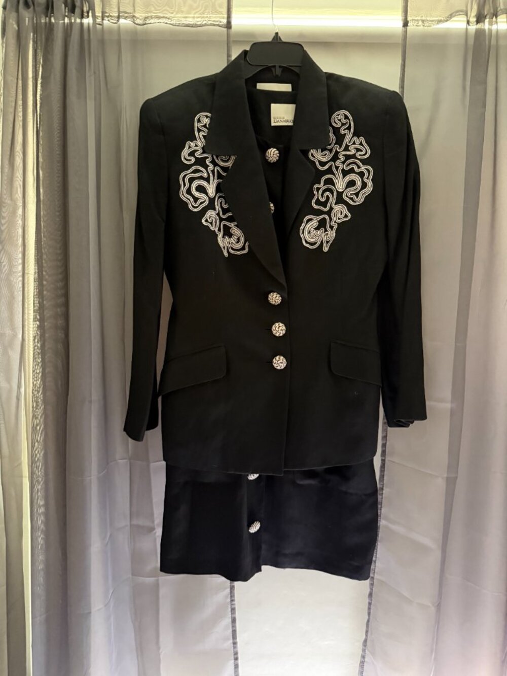 Vintage Dana Buchman Black Linen Embroidered Button Dress & matching Jacket